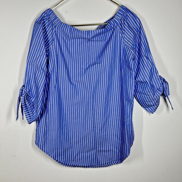J. McLaughlin Natasha Blue White Striped Off Shoulder 100% Cotton Top Size Small - Picture 1 of 9